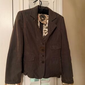 Sugarlips Dark Brown Blazer with Button Accents and Asian inspired print lining.